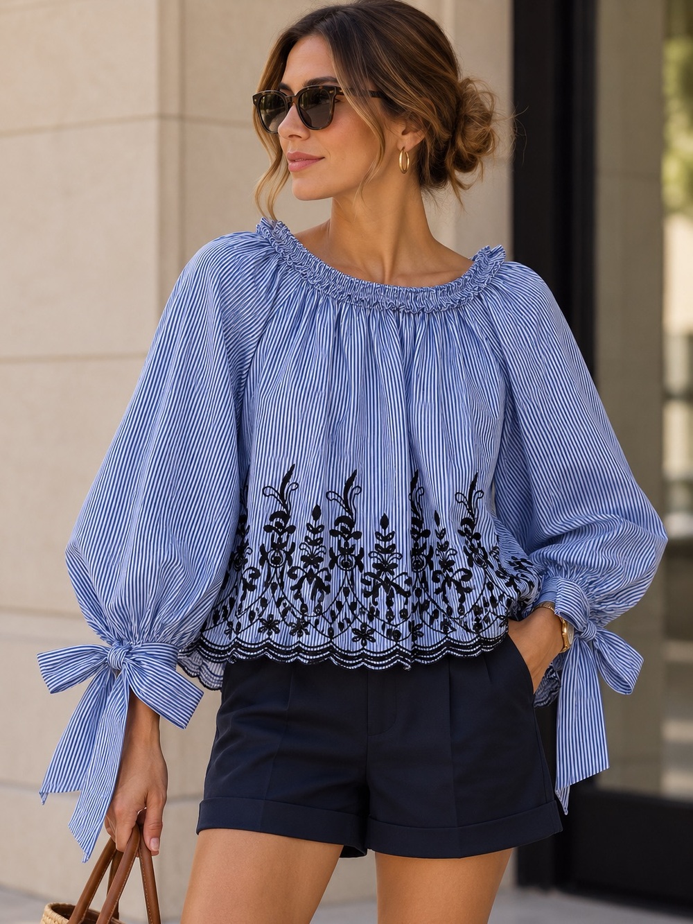 Zara Blue and Black Striped Off-Shoulder Blouse with Embroidered Hem